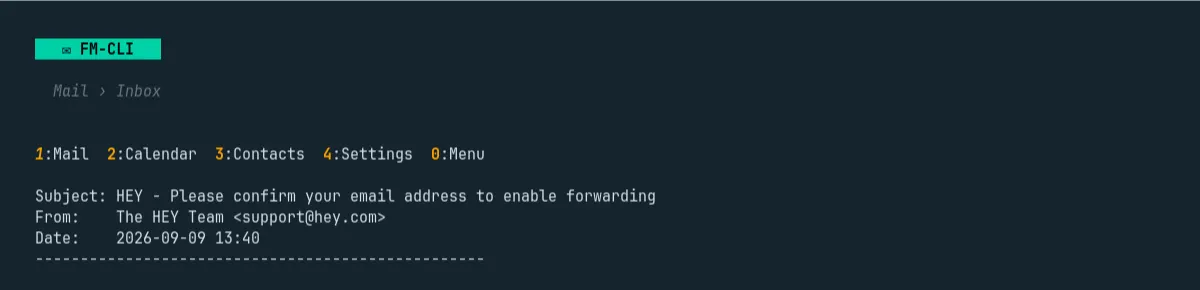 The fm-cli terminal app reading a message