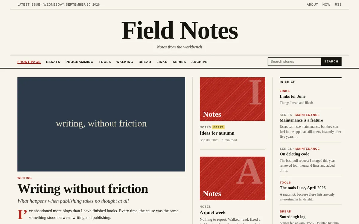 A newspaper-style folderblog theme called Field Notes