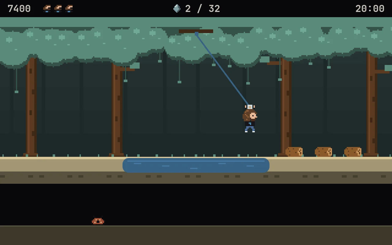 The Hyprfall hero swinging on a blue ethernet cable over a jungle swamp