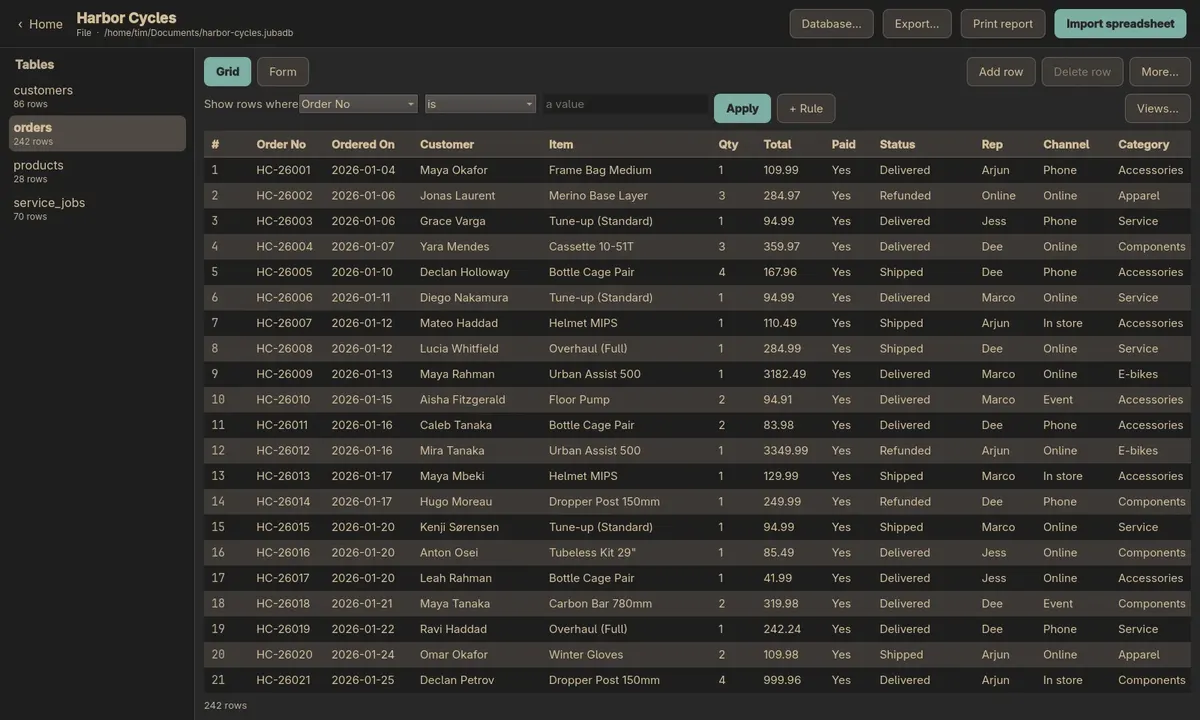Jubako showing an orders table in its grid